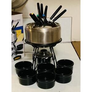Roshco 16 Piece Brushed Stainless Steel Fondue Set w/ Black Ceramic Ramekins